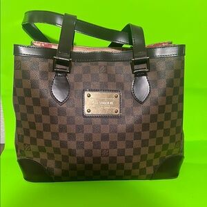 Brown Checkered Tote Handbag with Dark Brown Trim